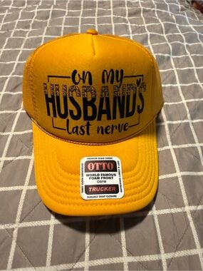 Yellow “On My Husband’s Last Nerve” Trucker Hat – Leopard Print Lettering – OSFM